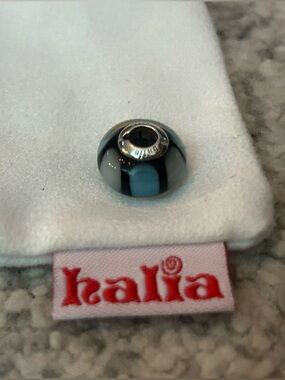 Halia Striped Glass Bead Charm in Black, White & Teal - Halia “Rhythmic Blues”